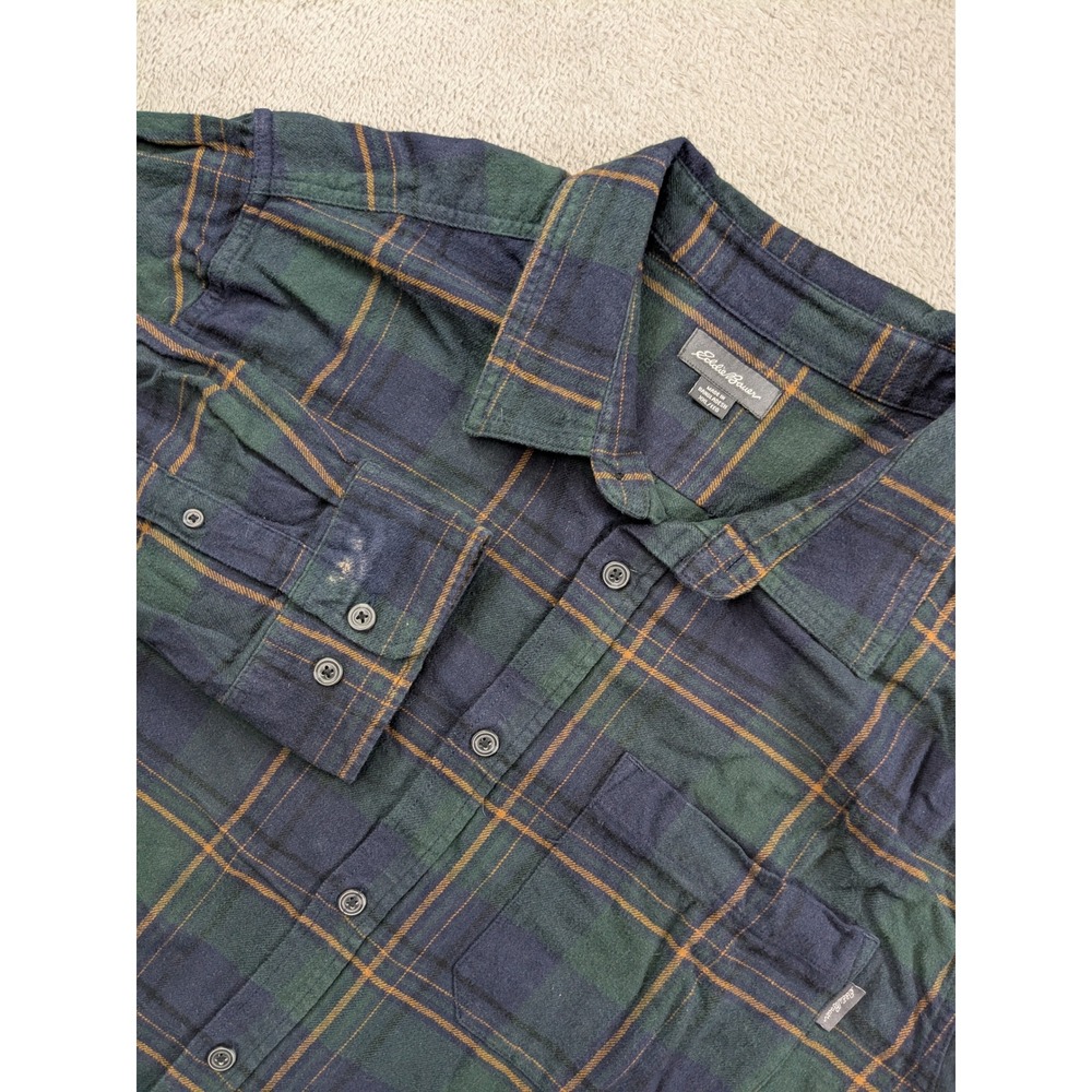 Eddie Bauer Mens XXL Plaid Flannel Shirt Blue Green Brown Cotton Long Sleeve